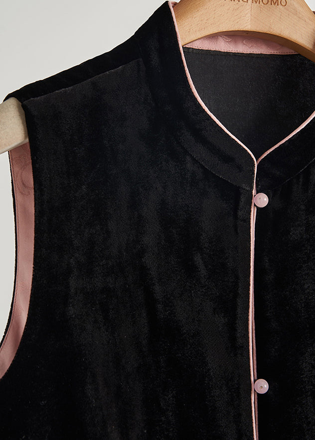 Fine Black Mandarin Collar Patchwork Flower Silk Velour Tops Fall