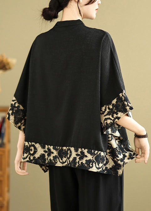 Fine Black Mandarin Collar Patchwork Silk Oriental Shirts Summer