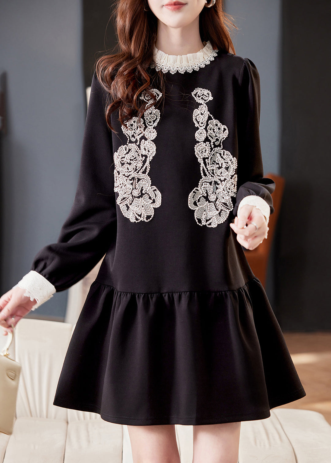 Fine Black O-Neck Patchwork Nail Bead Mid Dresses Puff Sleeve
