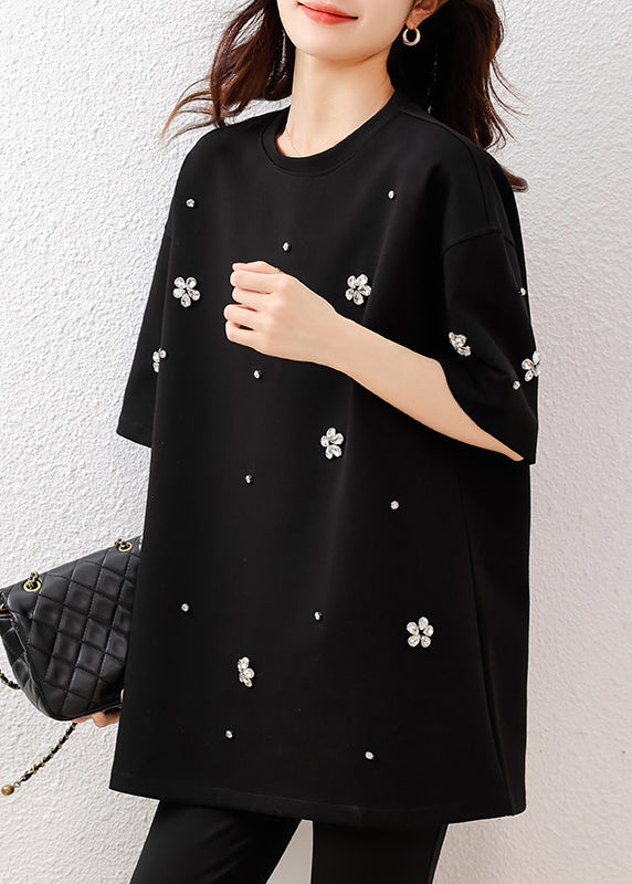 Fine Black Oversized Floral Rhinestone Cotton Tops Summer