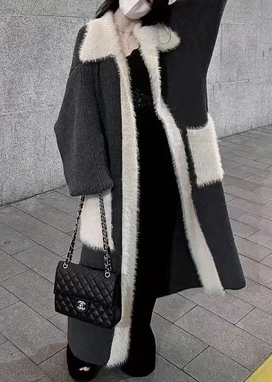 Fine Black Peter Pan Collar Pockets Patchwork Mink Hair Knitted Long Cardigan Winter