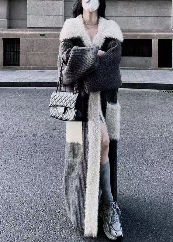 Fine Black Peter Pan Collar Pockets Patchwork Mink Hair Knitted Long Cardigan Winter