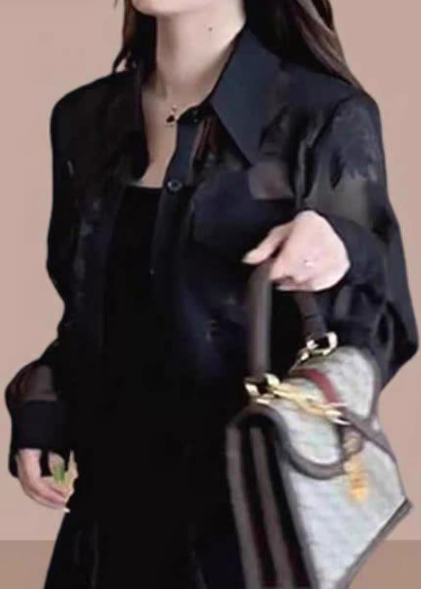 Fine Black Peter Pan Collar Print Ice Silk UPF 50+ Coat Jacket Lantern Sleeve