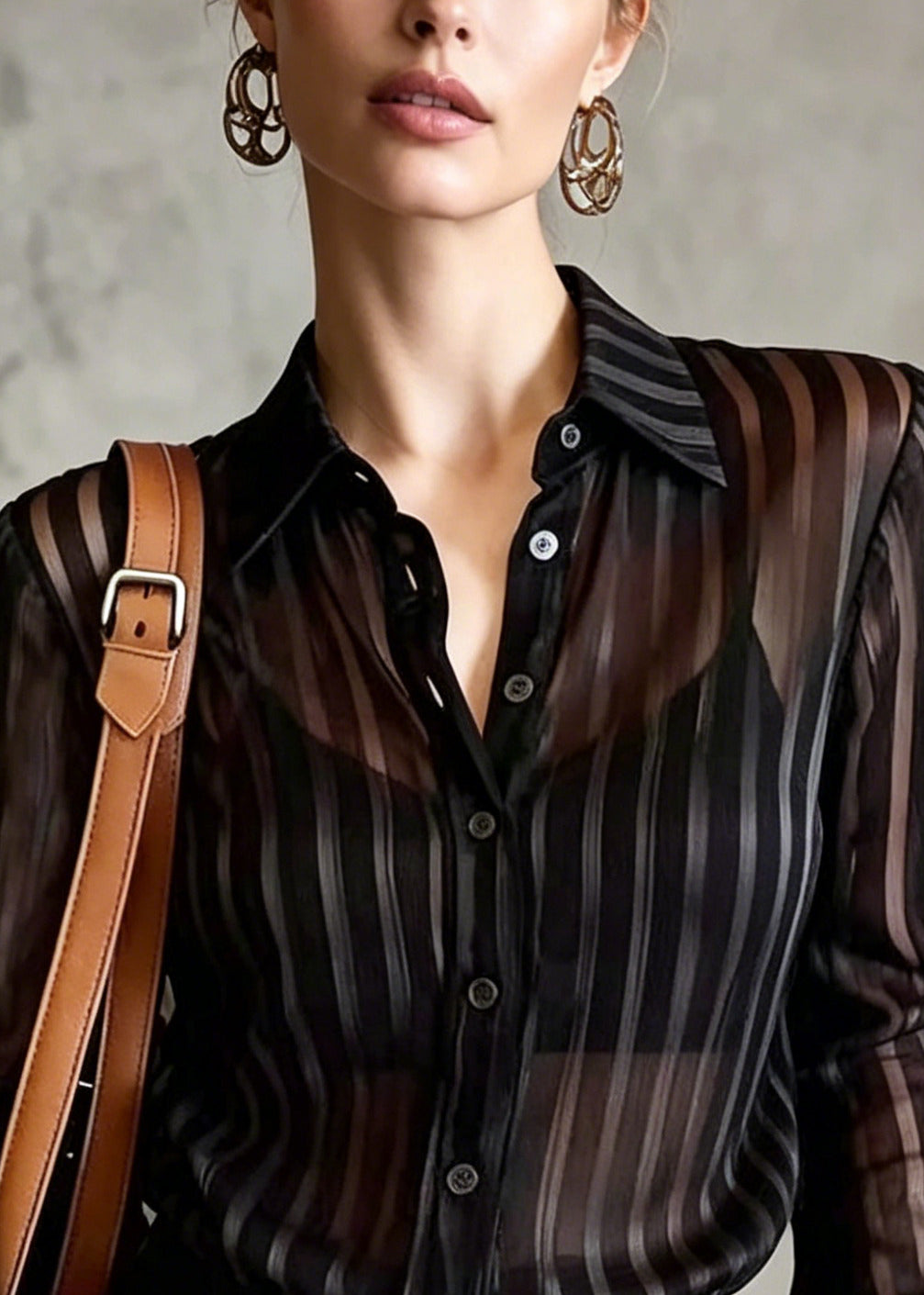 Fine Black Peter Pan Collar Striped Chiffon Top Summer