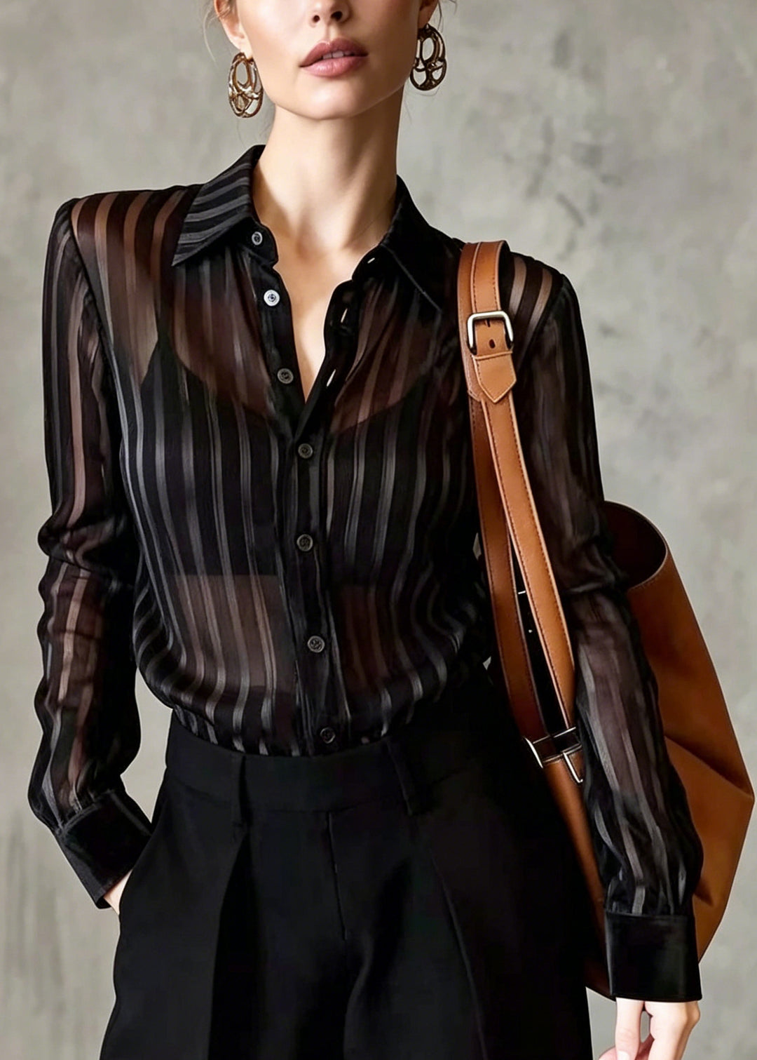 Fine Black Peter Pan Collar Striped Chiffon Top Summer