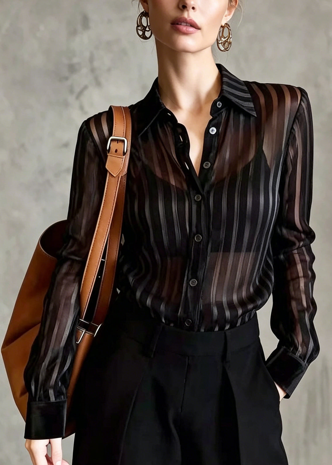 Fine Black Peter Pan Collar Striped Chiffon Top Summer