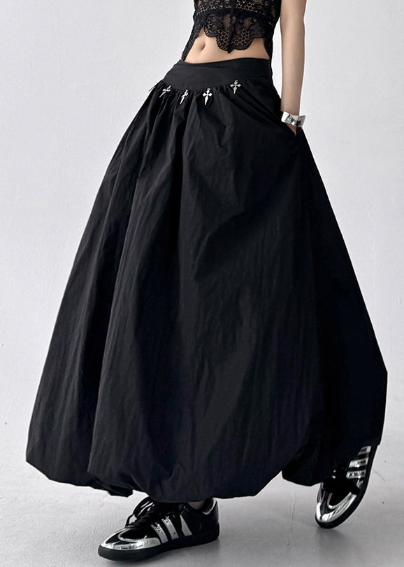 Fine Black Pockets High Waist Patchwork Cotton Skirts Summer