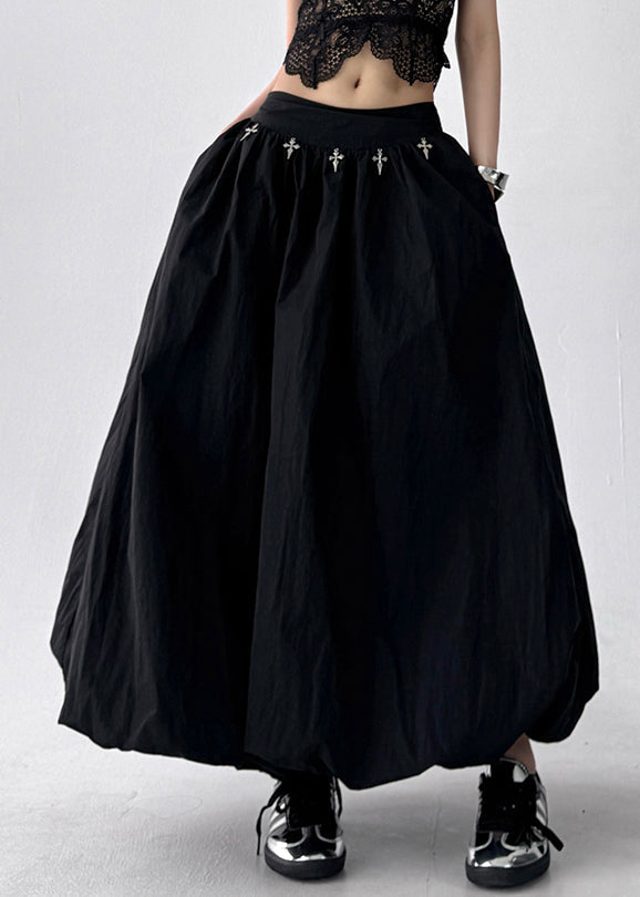 Fine Black Pockets High Waist Patchwork Cotton Skirts Summer