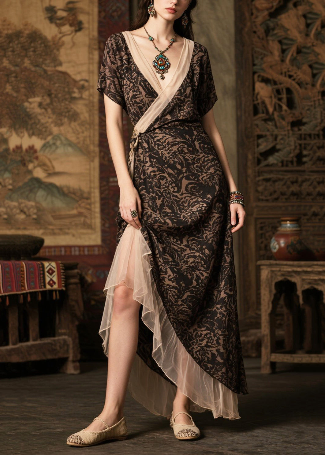 Fine Black Print Patchwork Chiffon Long Dresses Summer