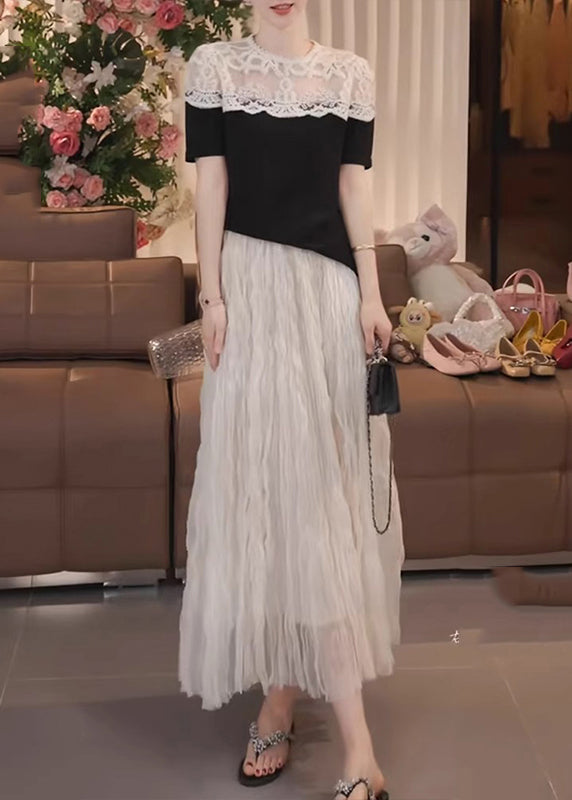 Fine Black Puff Sleeve Patchwork Lace Shirts