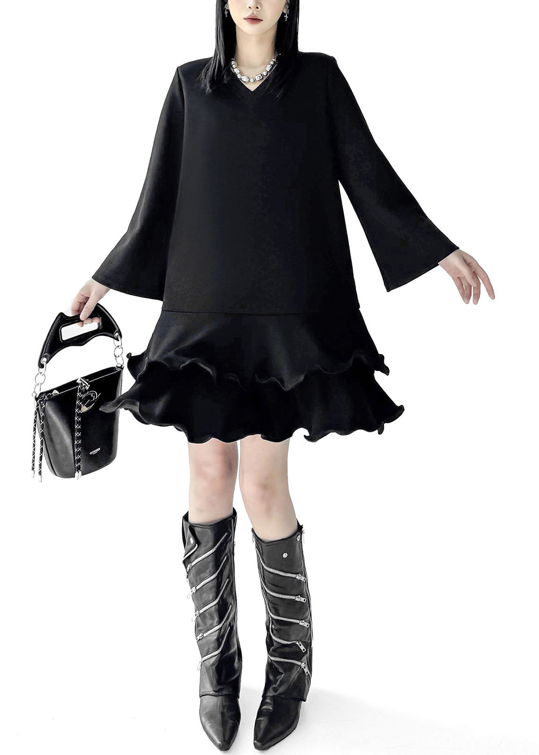 Fine Black Ruffled Cotton Mini Dresses Flare Sleeve
