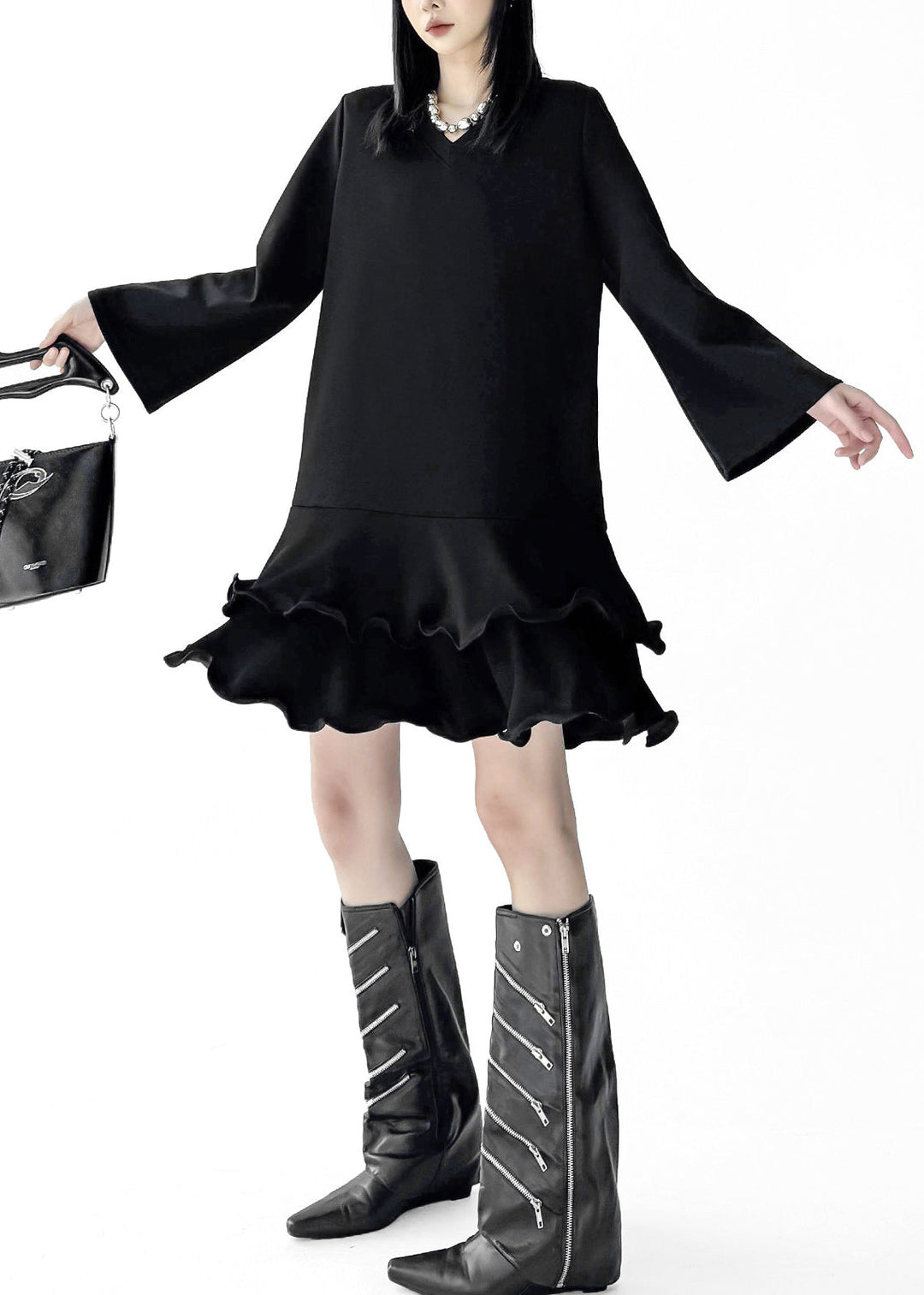 Fine Black Ruffled Cotton Mini Dresses Flare Sleeve