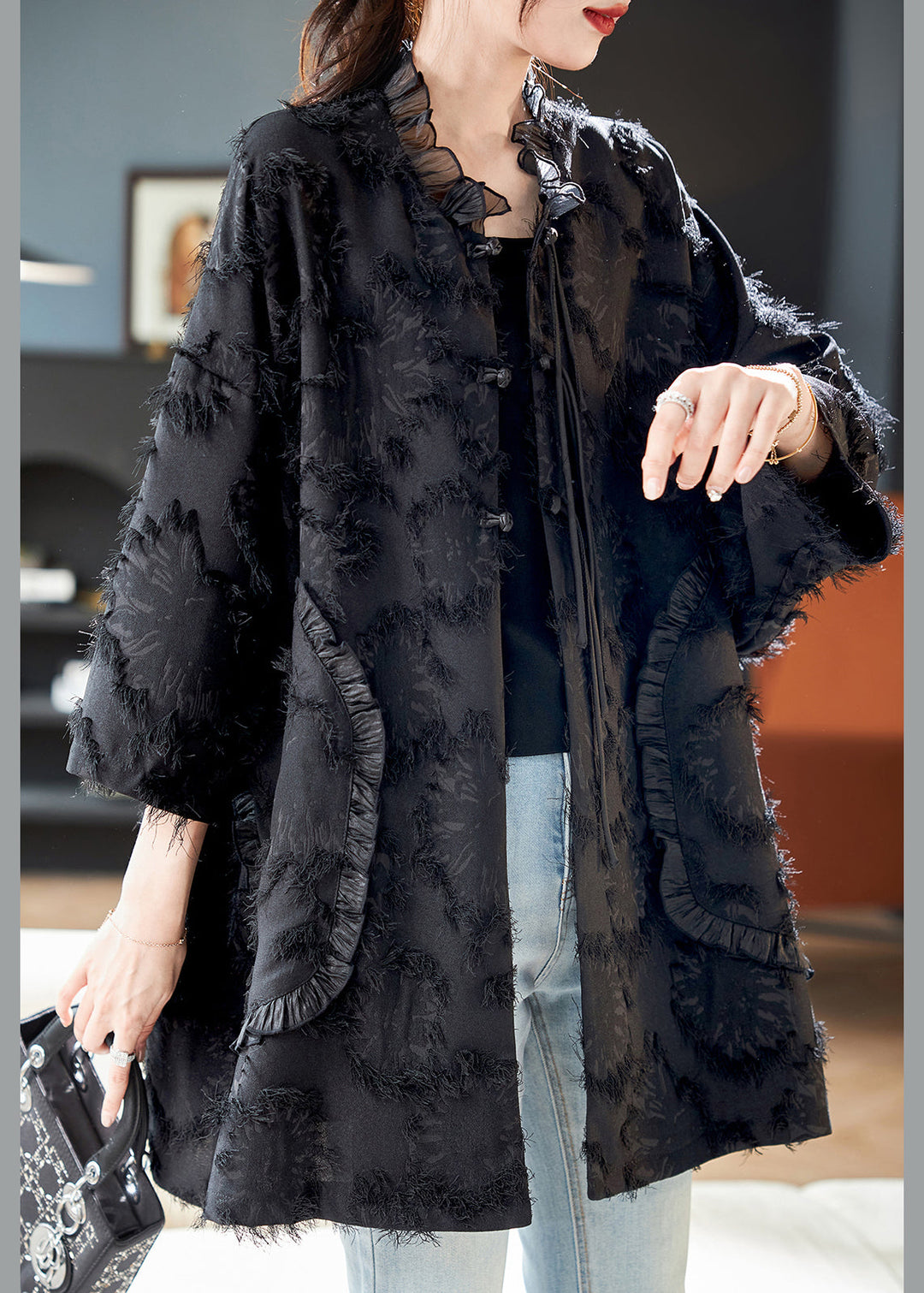 Fine Black Ruffled Patchwork Button Coat Spring