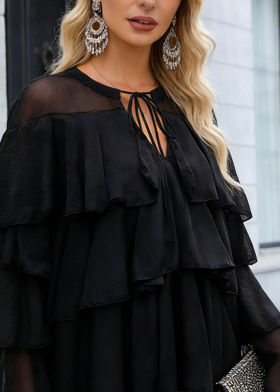 Fine Black Ruffled Patchwork Chiffon Blouse Top Spring - Omychic