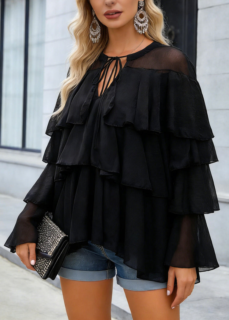 Fine Black Ruffled Patchwork Chiffon Blouse Top Spring - Omychic