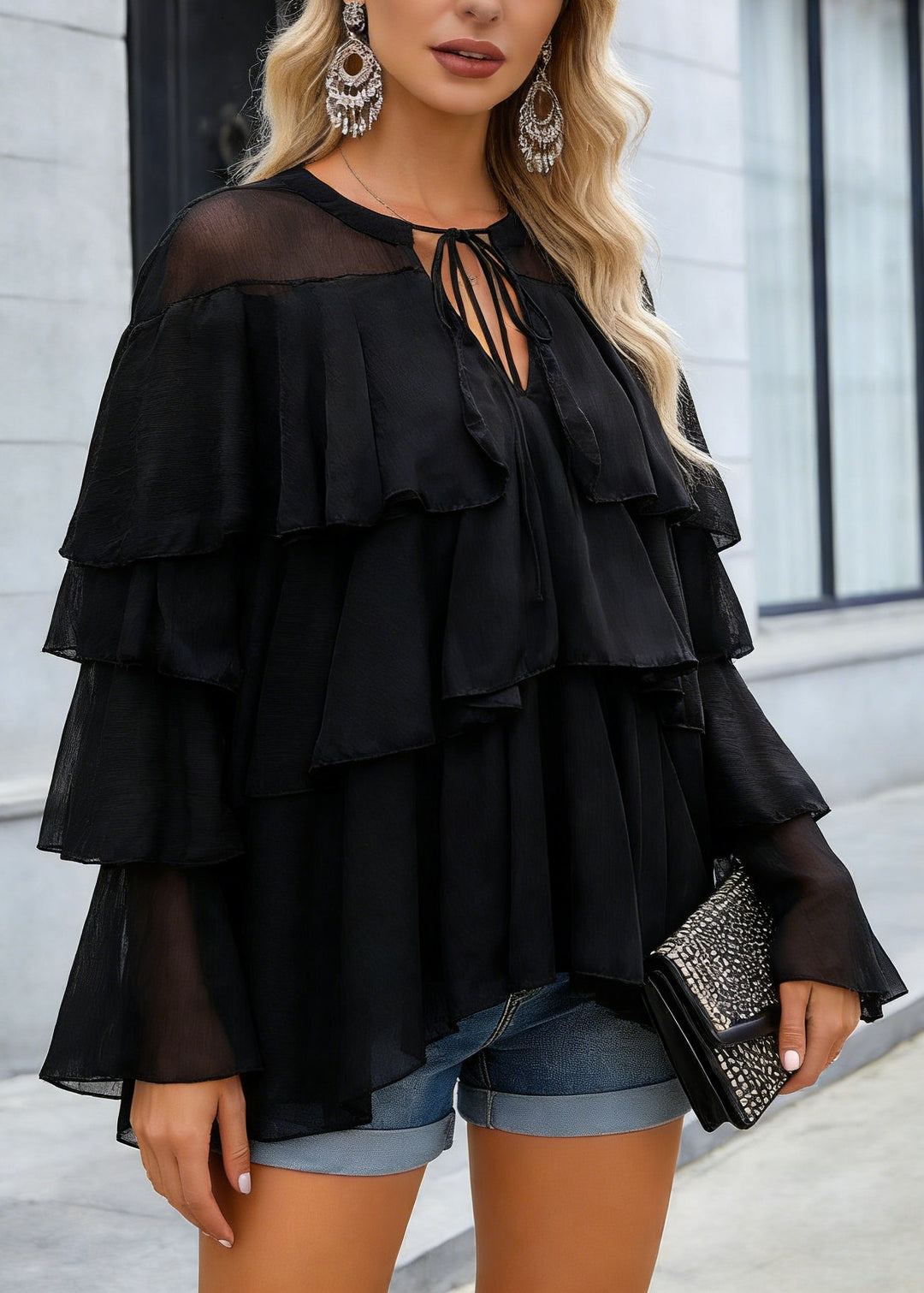 Fine Black Ruffled Patchwork Chiffon Blouse Top Spring - Omychic