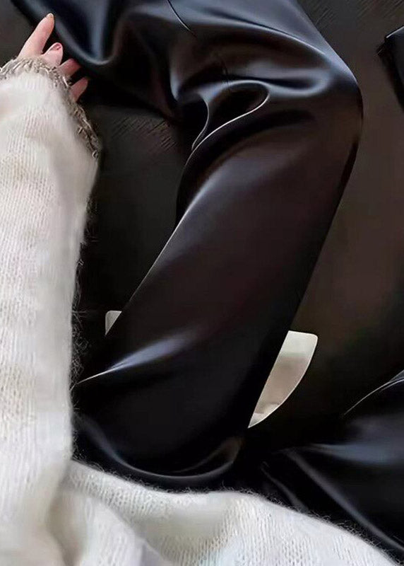 Fine Black Satin Crop Flared Trousers High Waist Summer