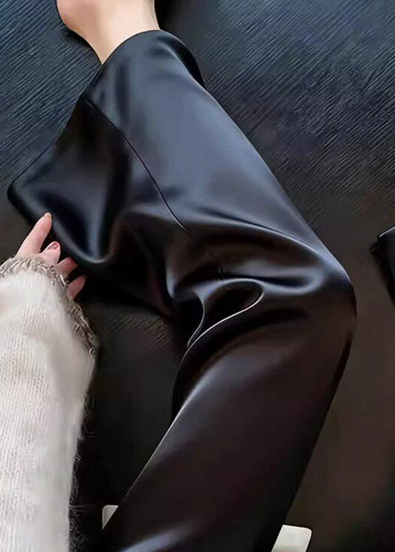 Fine Black Satin Crop Flared Trousers High Waist Summer