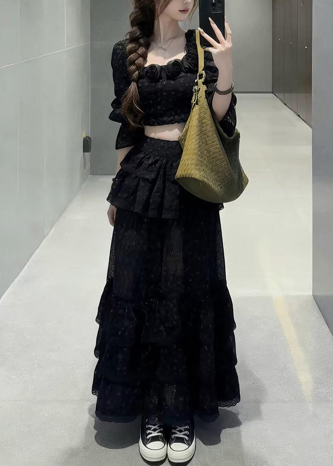 Fine Black Square Collar Floral Top And Maxi Skirts Two Pieces Set Half Sleeve