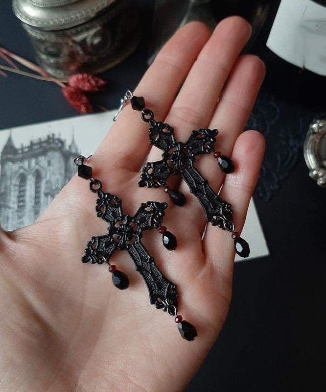 Fine Black Stainless Steel Cross Tassel Drop Earrings