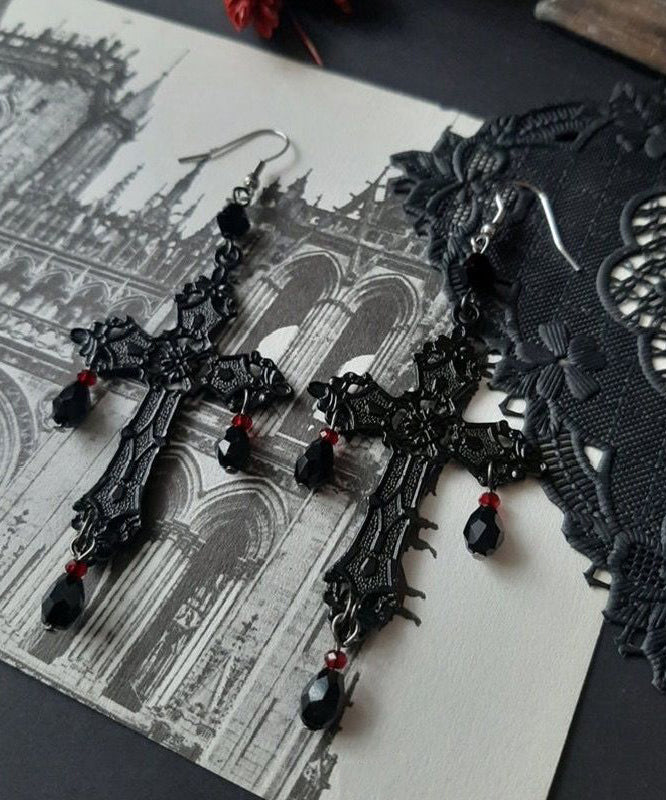 Fine Black Stainless Steel Cross Tassel Drop Earrings