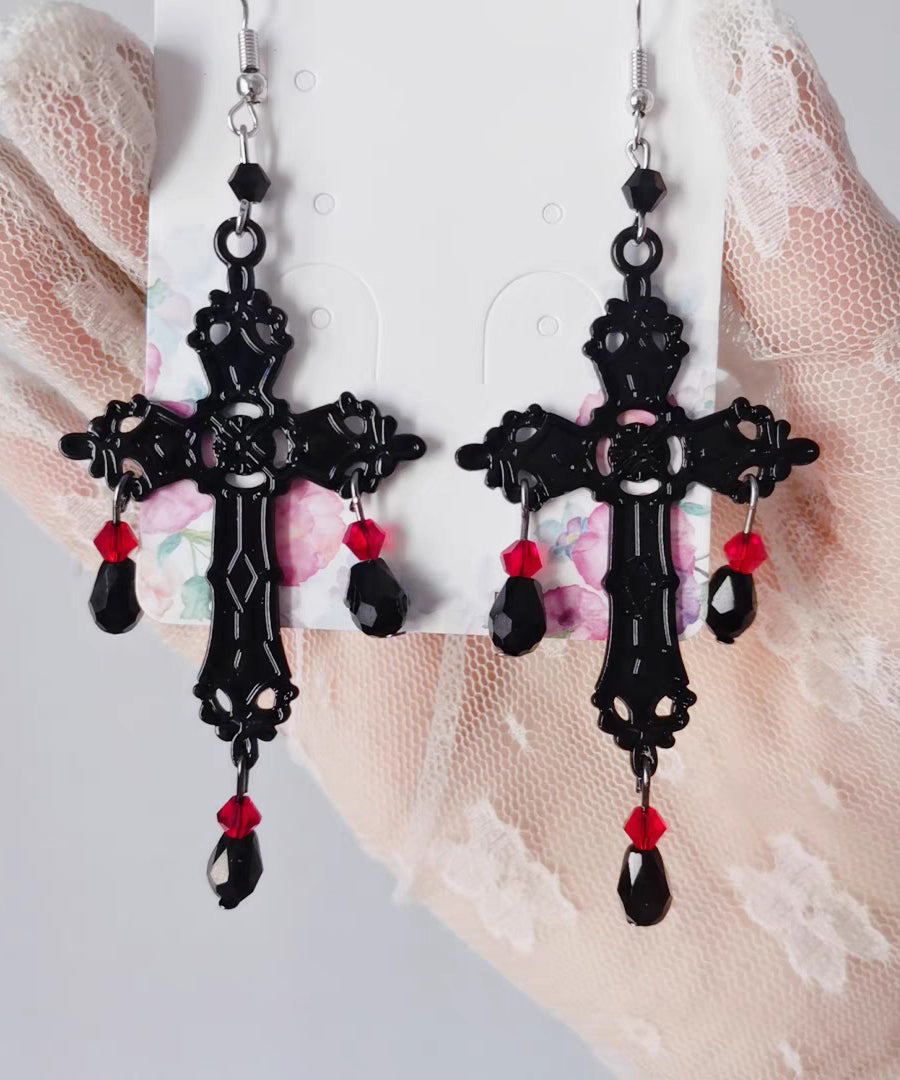 Fine Black Stainless Steel Cross Tassel Drop Earrings