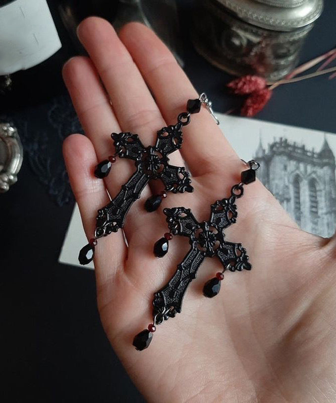 Fine Black Stainless Steel Cross Tassel Drop Earrings
