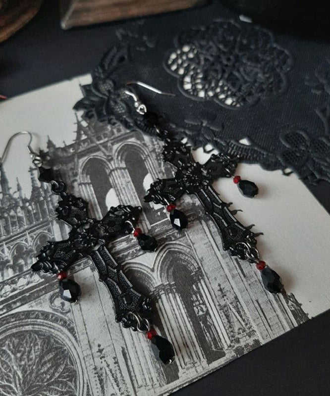 Fine Black Stainless Steel Cross Tassel Drop Earrings