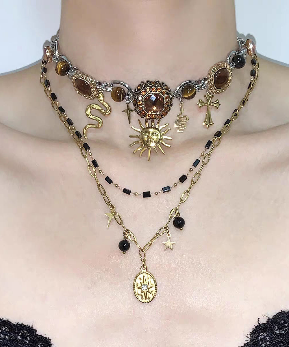 Fine Black Stainless Steel Multi-Layer Sun Pendant Necklace Two-Piece Set