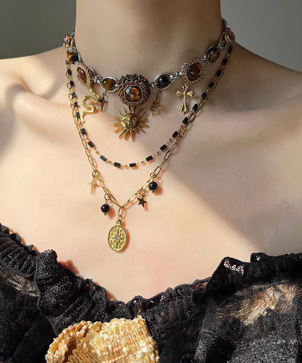 Fine Black Stainless Steel Multi-Layer Sun Pendant Necklace Two-Piece Set