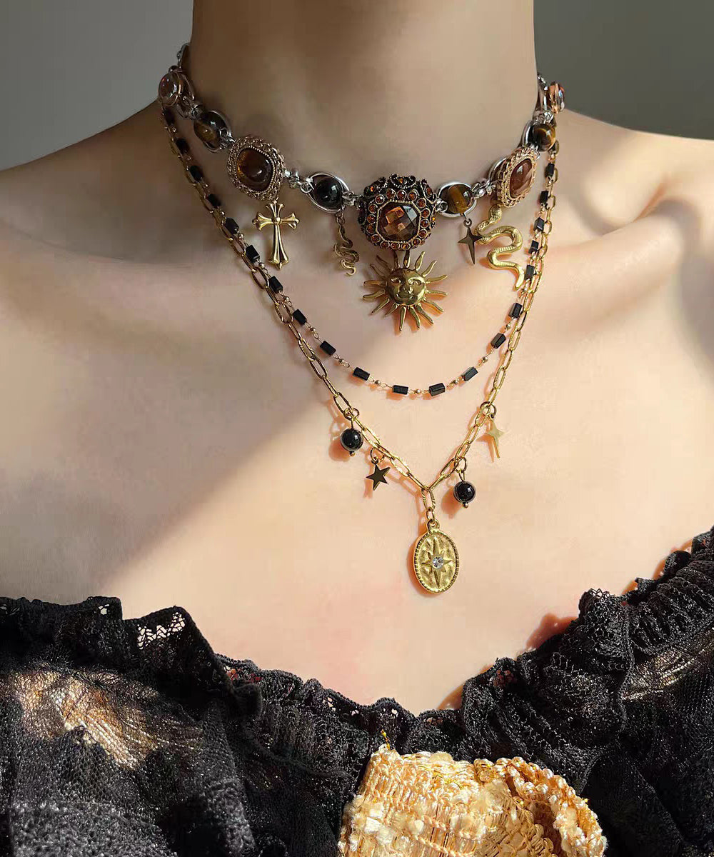 Fine Black Stainless Steel Multi-Layer Sun Pendant Necklace Two-Piece Set