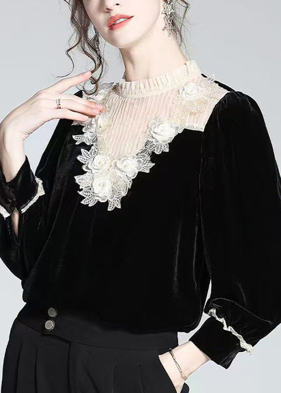 Fine Black Stand Collar Lace Patchwork Silk Velour Top Fall