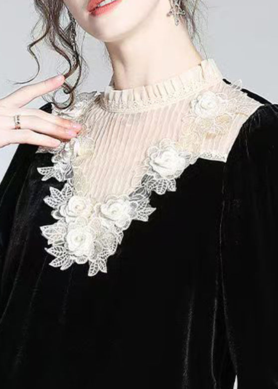 Fine Black Stand Collar Lace Patchwork Silk Velour Top Fall