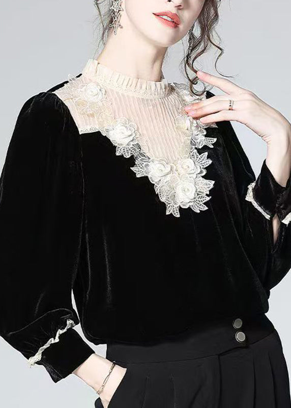 Fine Black Stand Collar Lace Patchwork Silk Velour Top Fall
