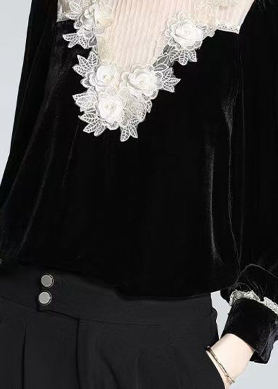 Fine Black Stand Collar Lace Patchwork Silk Velour Top Fall