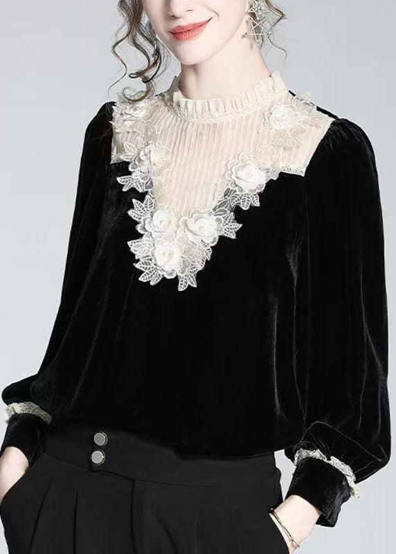 Fine Black Stand Collar Lace Patchwork Silk Velour Top Fall