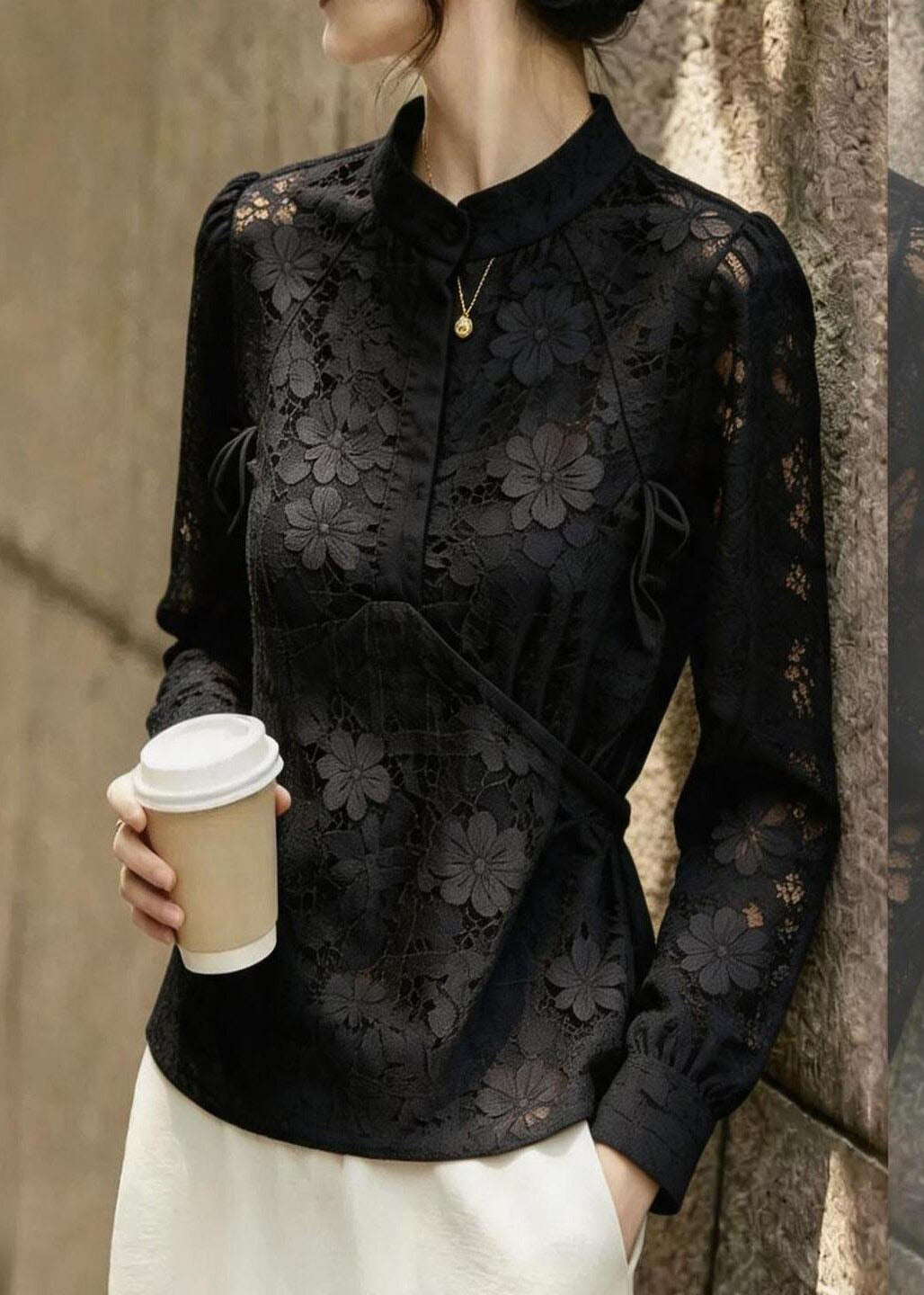Fine Black Stand Collar Print Lace Shirt Fall
