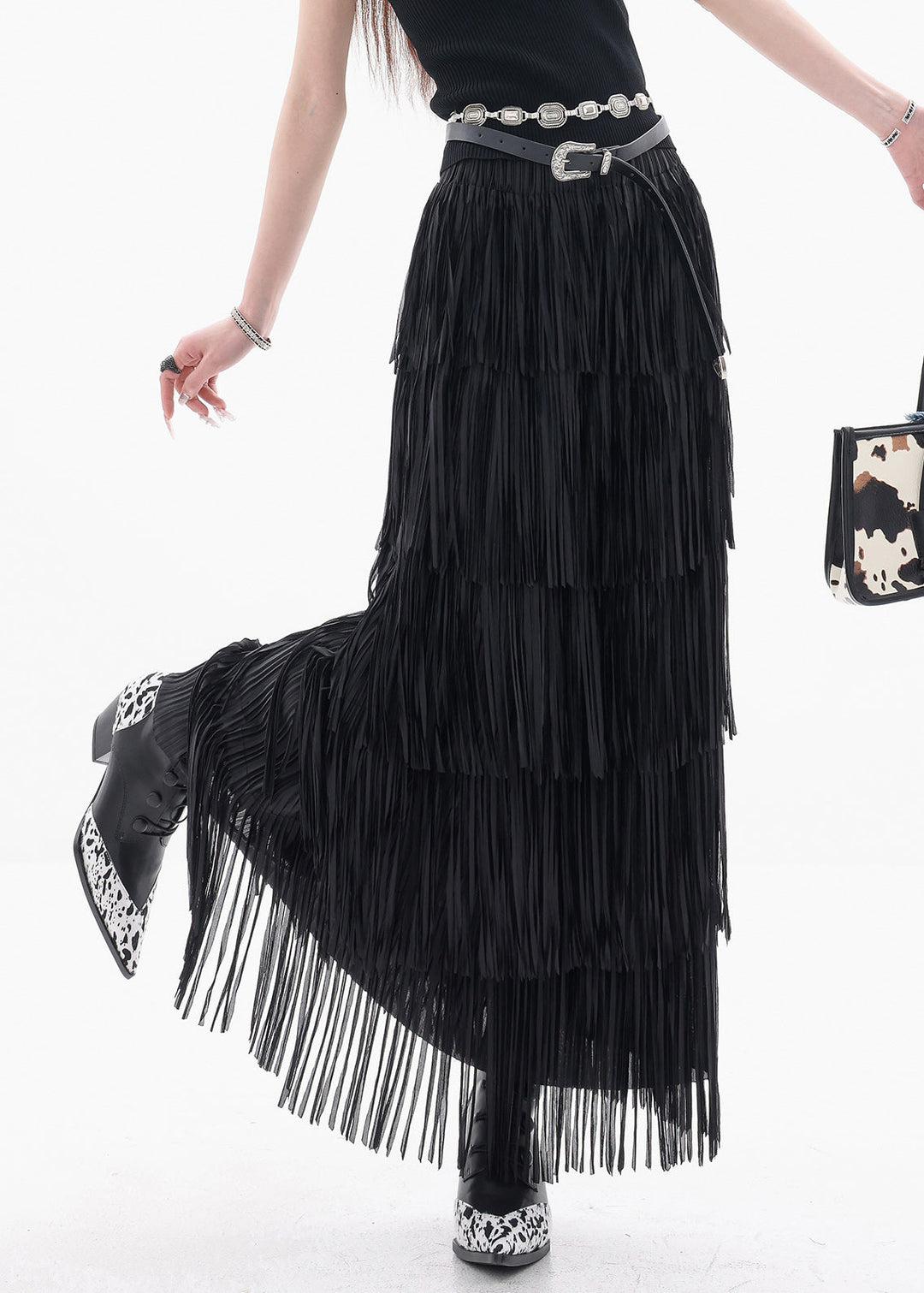 Fine Black Tasseled Elastic Waist Cotton Skirts Summer