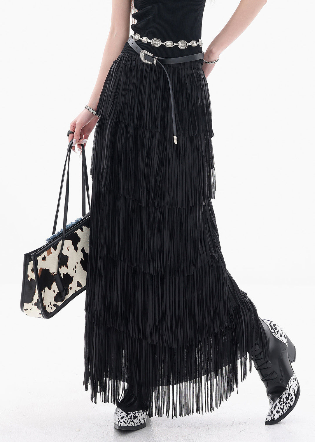 Fine Black Tasseled Elastic Waist Cotton Skirts Summer