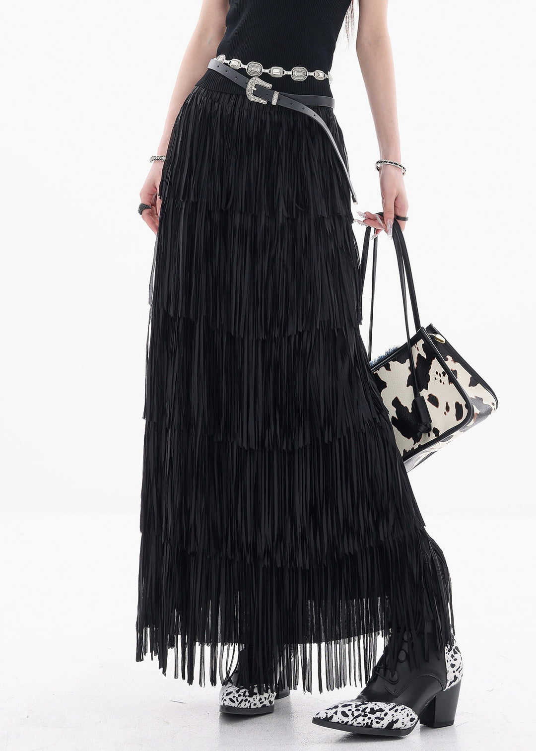 Fine Black Tasseled Elastic Waist Cotton Skirts Summer