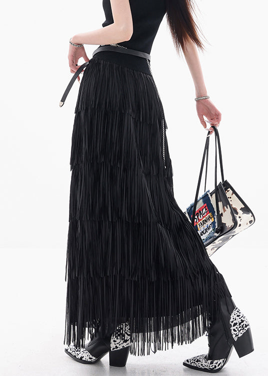 Fine Black Tasseled Elastic Waist Cotton Skirts Summer