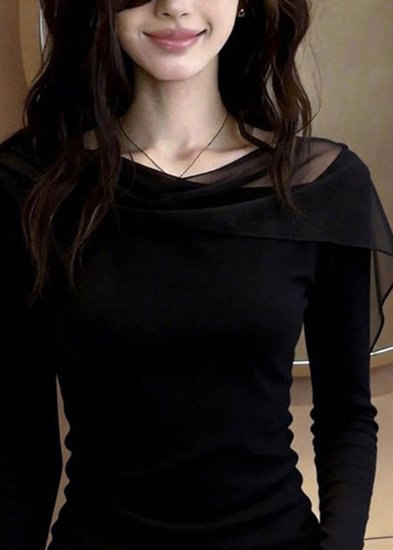 Fine Black Tulle Patchwork Solid Top Fall