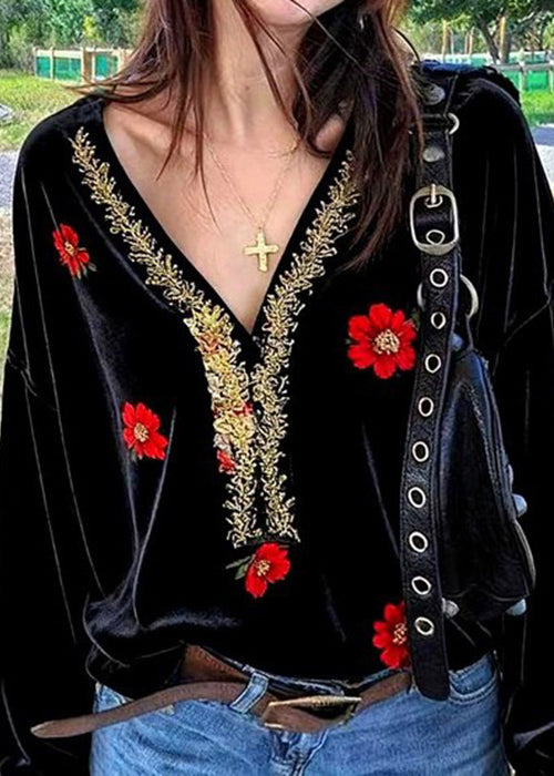 Fine Black V Neck Embroidered Silk Velour Shirt Fall