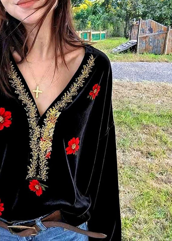 Fine Black V Neck Embroidered Silk Velour Shirt Fall