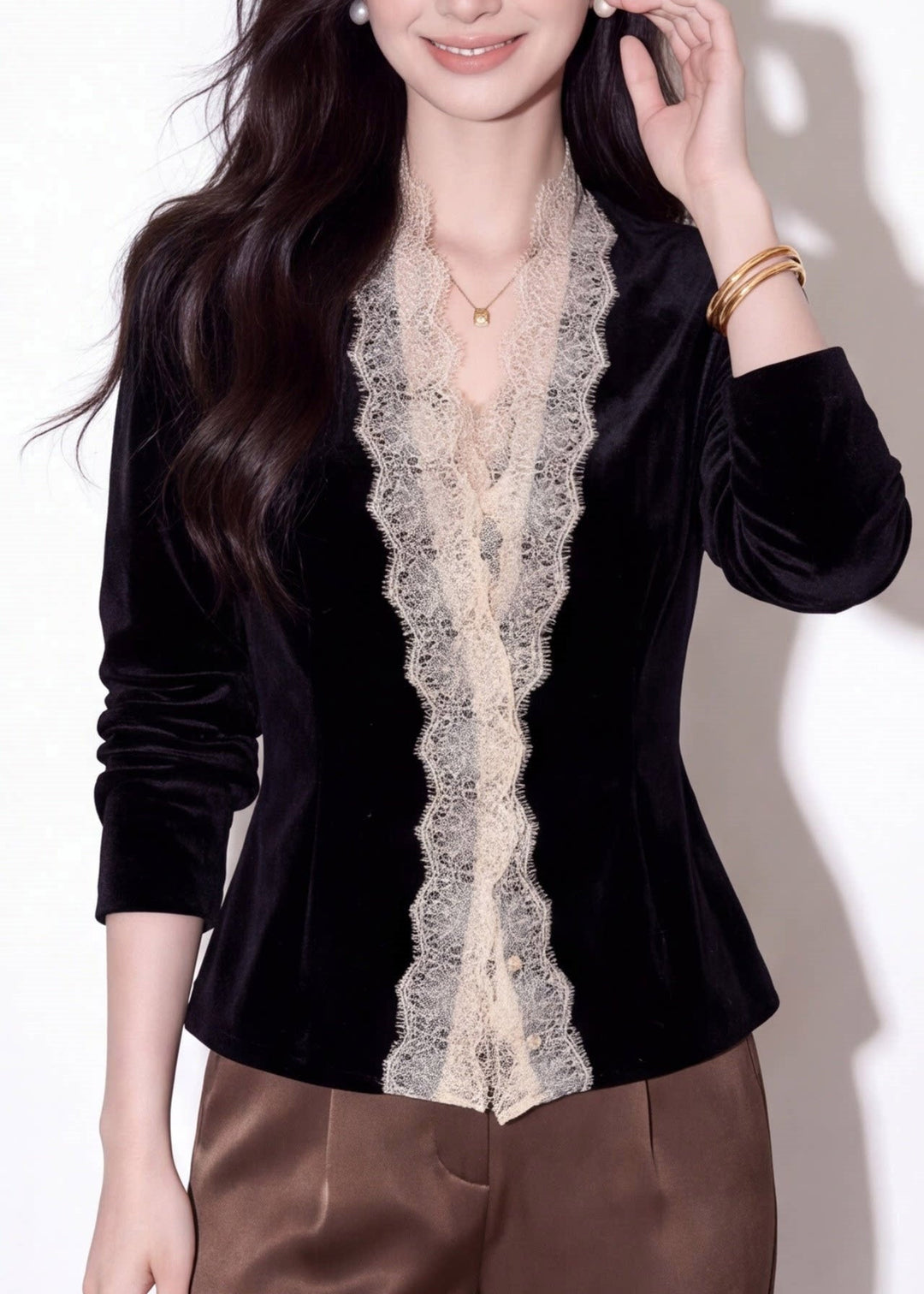 Fine Black V Neck Lace Patchwork Silk Velvet Top Long Sleeve