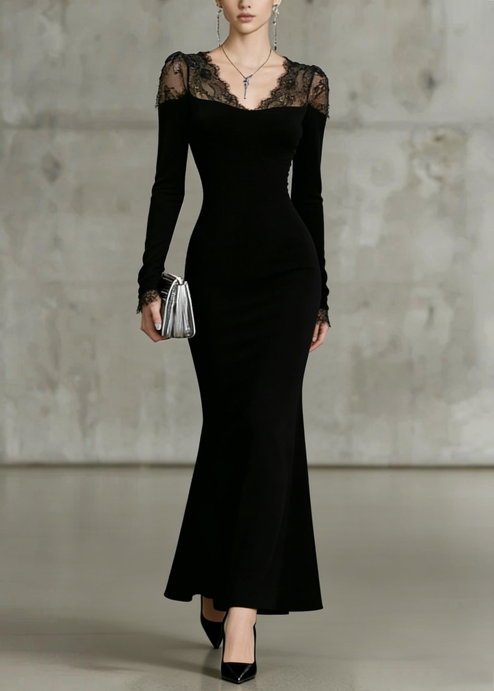 Fine Black V Neck Lace Solid Patchwork Fish Tail Dresses Spring - Omychic