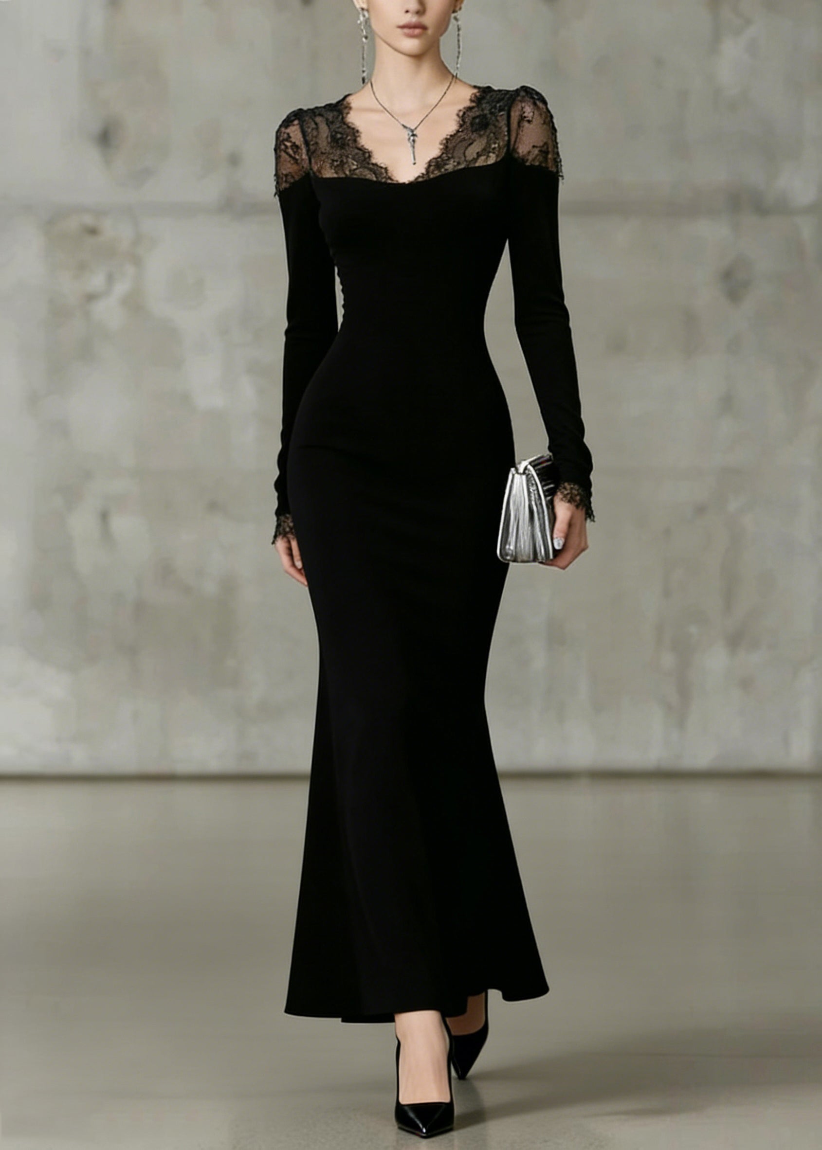 Fine Black V Neck Lace Solid Patchwork Fish Tail Dresses Spring - Omychic