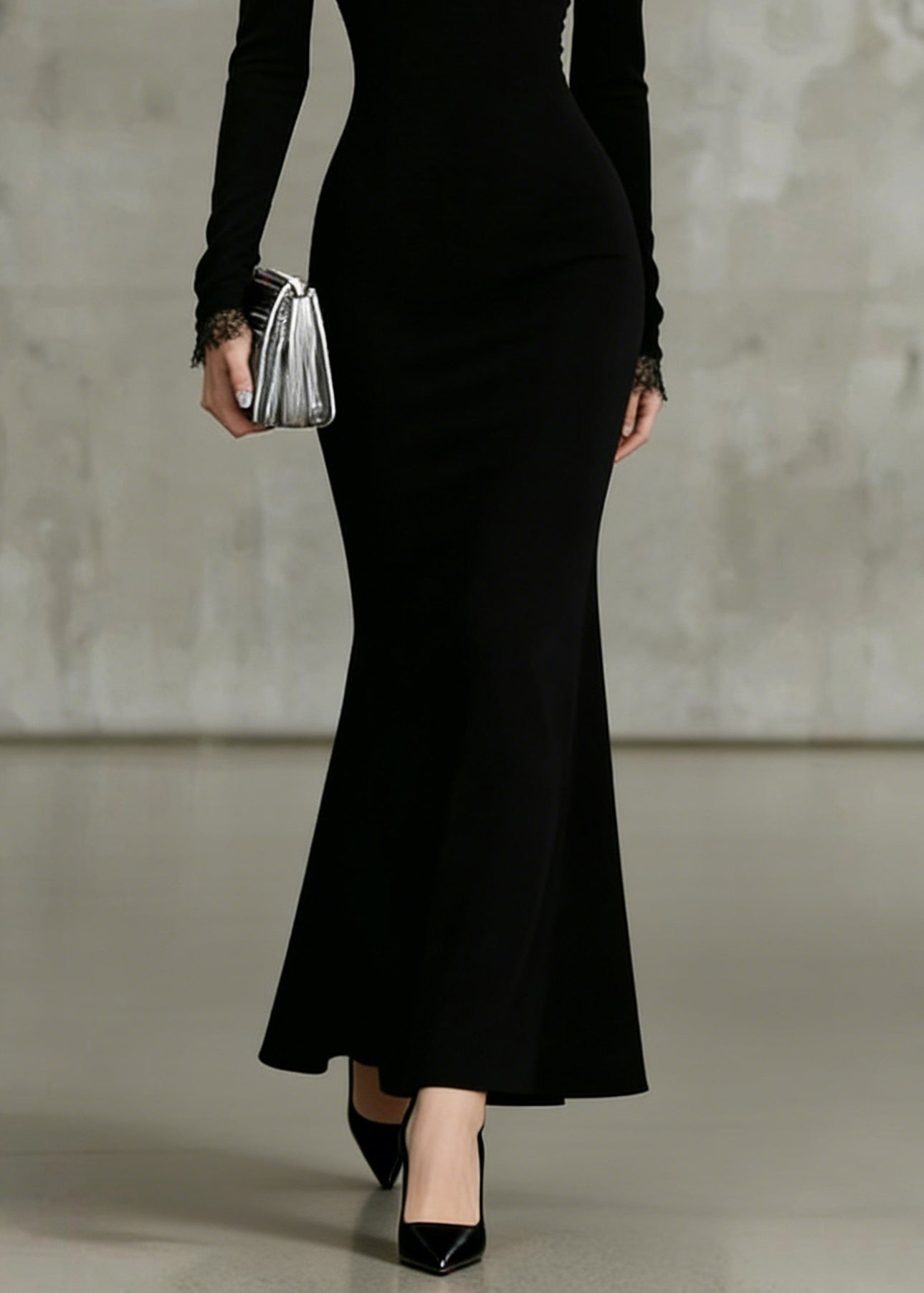 Fine Black V Neck Lace Solid Patchwork Fish Tail Dresses Spring - Omychic