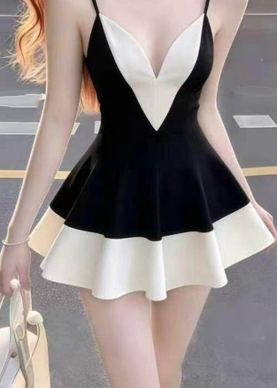 Fine Black V Neck Patchwork Mid Spaghetti Strap Dress Sleeveless