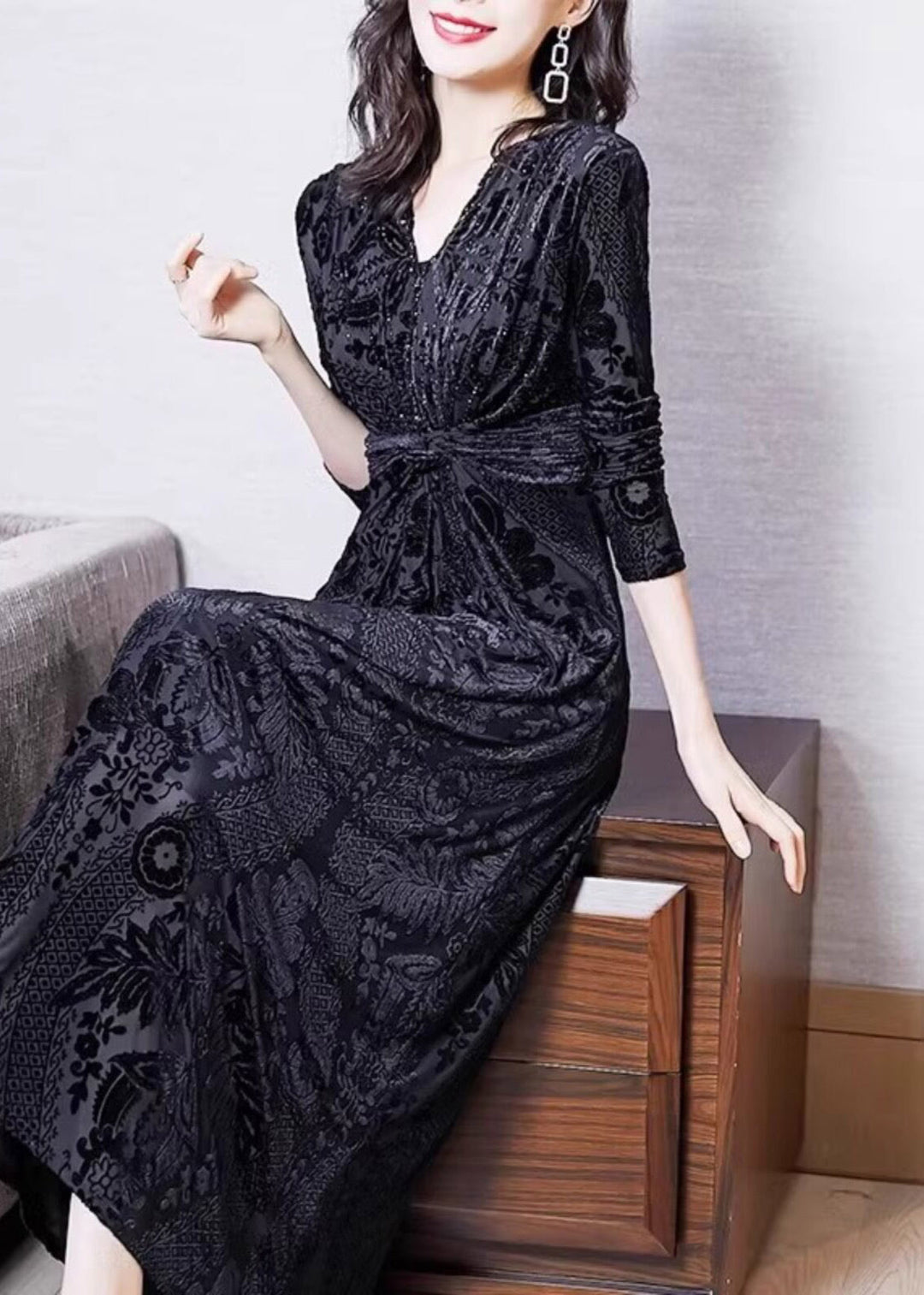 Fine Black V Neck Tunic Silk Velvet Maxi Dress Spring